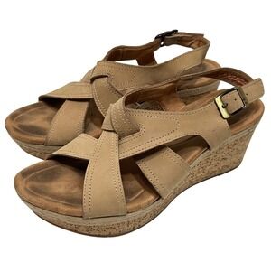 Clarks Womens Eleri Rae Leather Criss Cross Shoes Size 9 Cork Wedge Heel Sandals